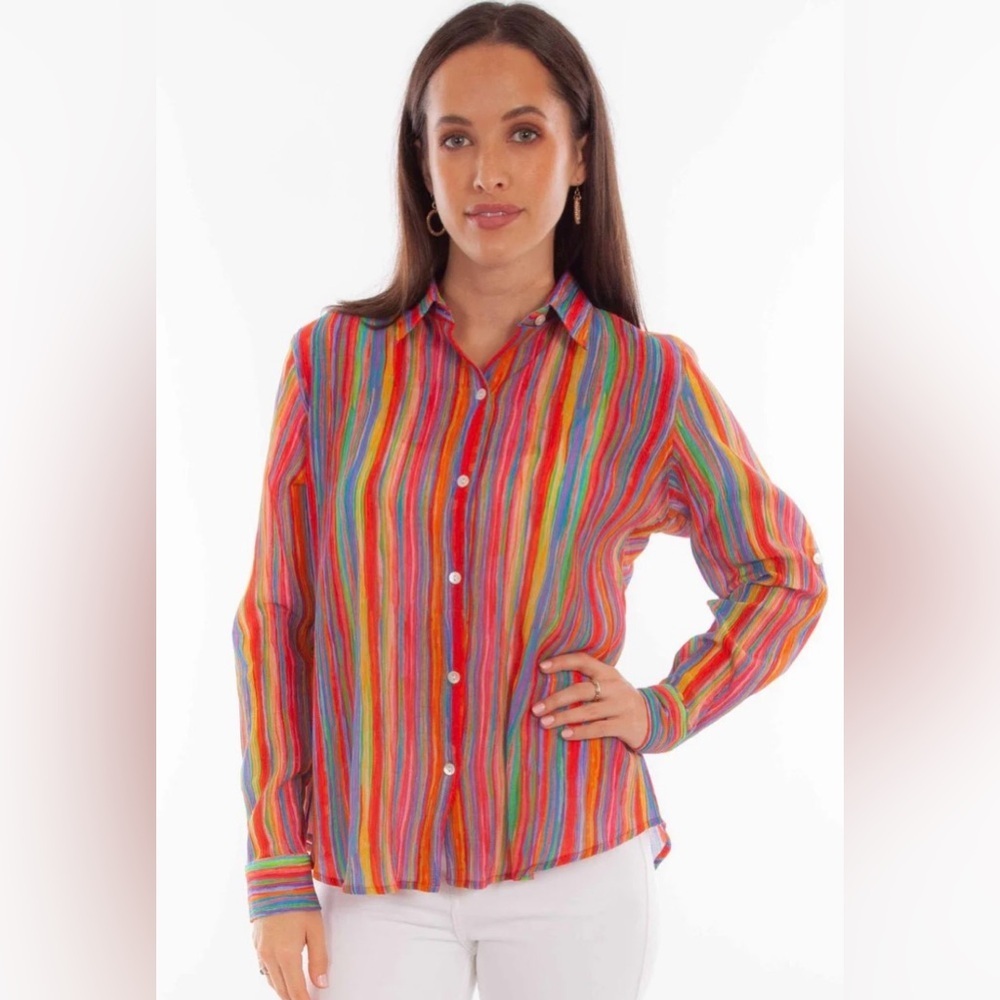 Scully Rainbow Stripe Western Button Down Shirt Colorful Boho Coastal Large